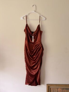 Cowl Neck Satin Midi Dress in Rust with Draped Side